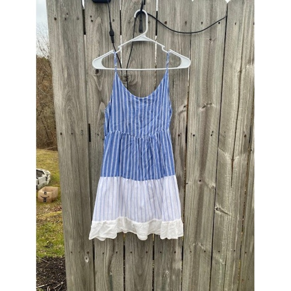 Kori America‎ Blue White Striped Tiered Ruffle Mini Sun Dress Small
